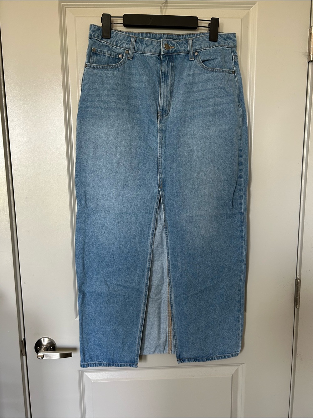 Classic Light Blue Denim Midi Skirt with Front Slit